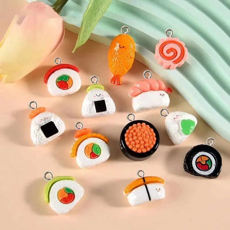 Resin Art Earrings - 10 Stück Mini-Lebensmittel-Harzanhänger, glänzende Simulations-Sushi-Flatback-Anhänger, DIY-Schmuckzubehör
