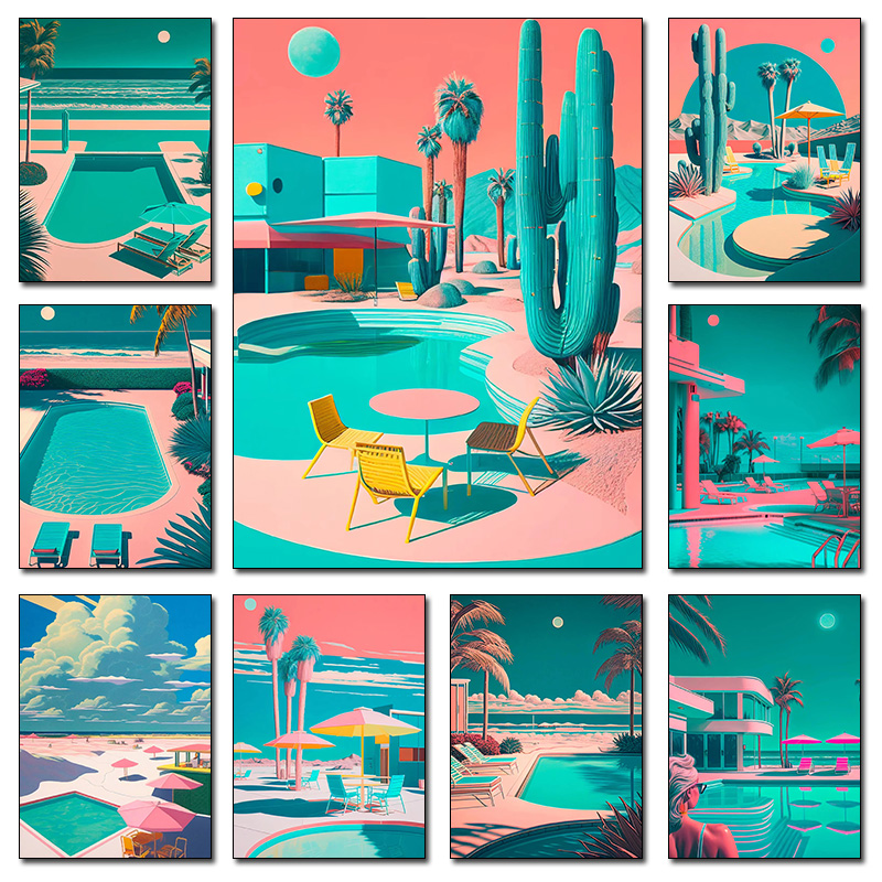 Resin Art Home Decor - Retro-futuristisches Strandlandschaft-Poster mit Palmen und Wüsten-Swimmingpool,