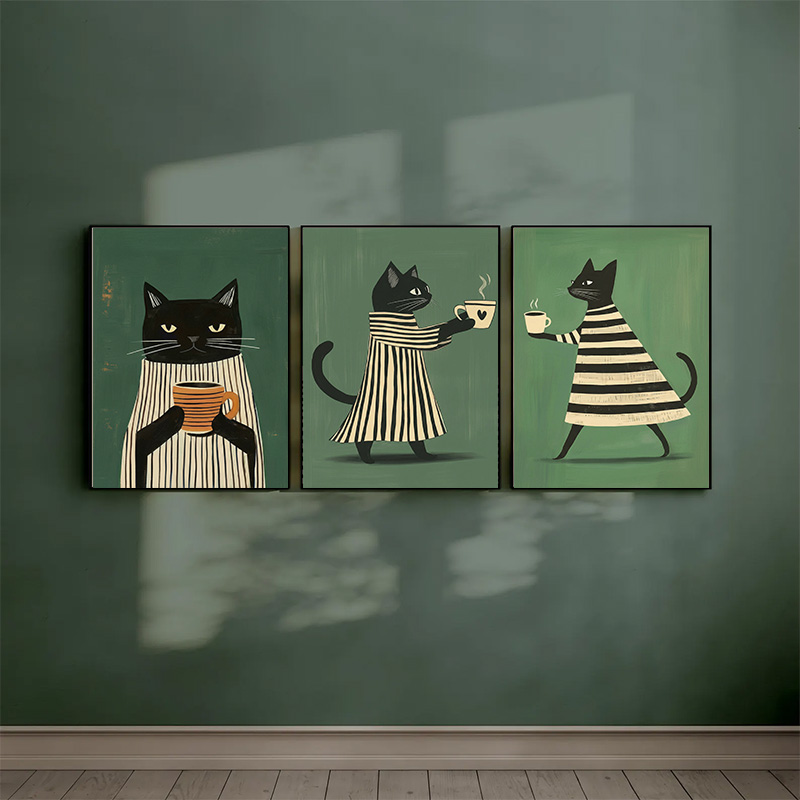 Background Resin Art - Niedliches gestreiftes schwarzes Katzen-Kaffee-Themen-Diamant-Wandbild-Set, Cartoon-Katzen-Poster mit