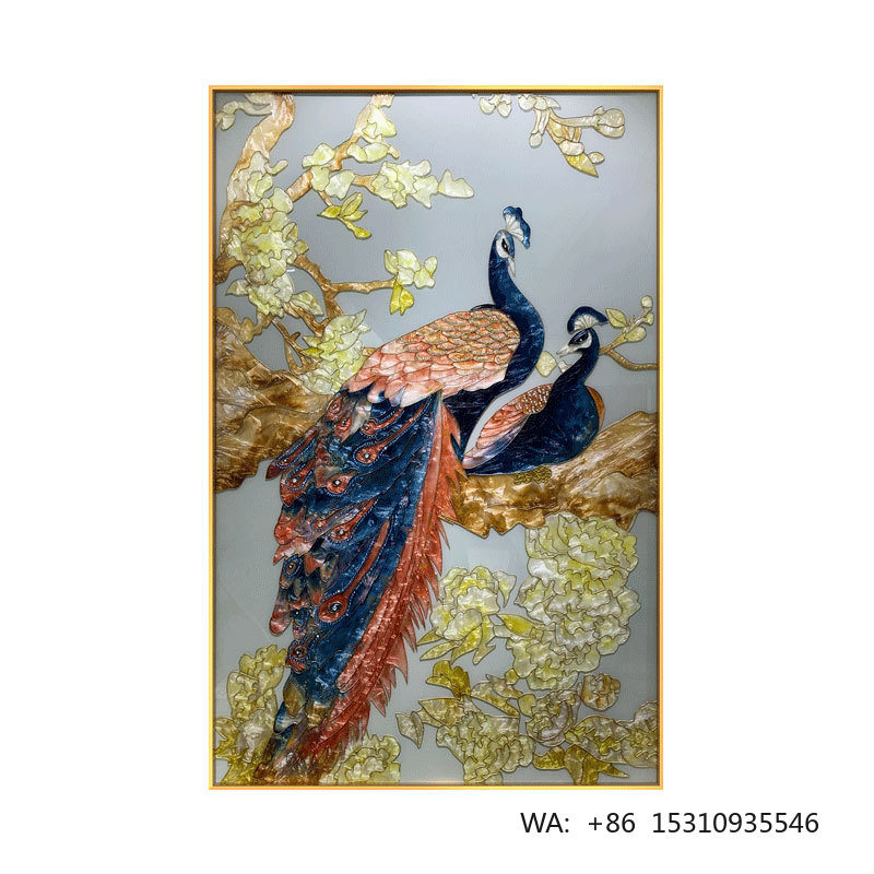 Background Resin Art - Handgefertigtes Emaille-Metall-Kunstwerk: Modernes Doppel-Pfauen-Wandbild für Luxus-Wohnzimmer,